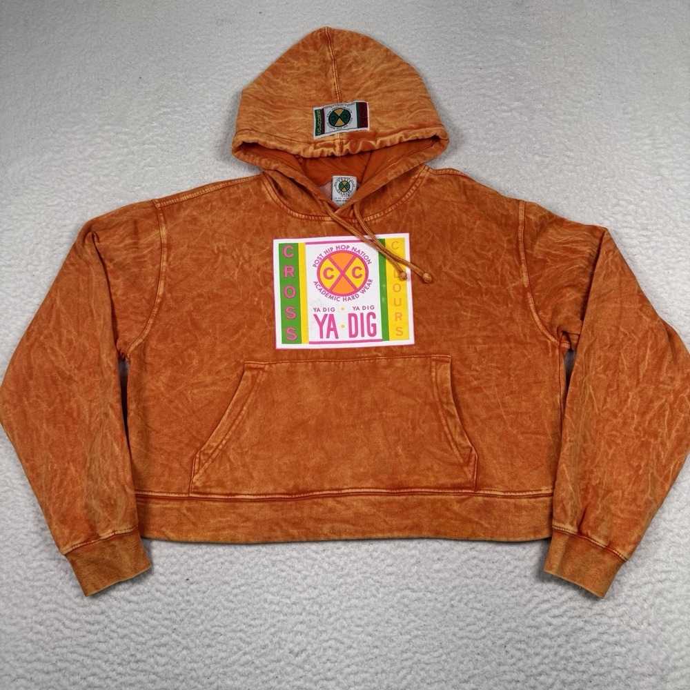 Cross Colours YA DIG Cropped Hoodie Womens Large Orange Acid Wash Graphic